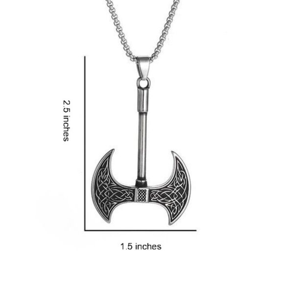Viking Axe Double Head Pendant Necklace 316L Stainless Steel Mens Unisex NWOT - Picture 2 of 8